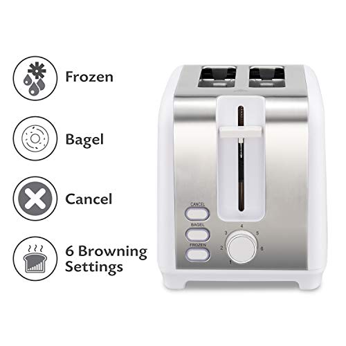 Tostadora Pan Ranura Ancha 3 en 1 - Blanca Mate Inoxidable, Tostadora Vintage - Pinzas de Bambú gratuíta - 7 Niveles Tostado - 850W - Calienta Panecillos y Recoge Migas