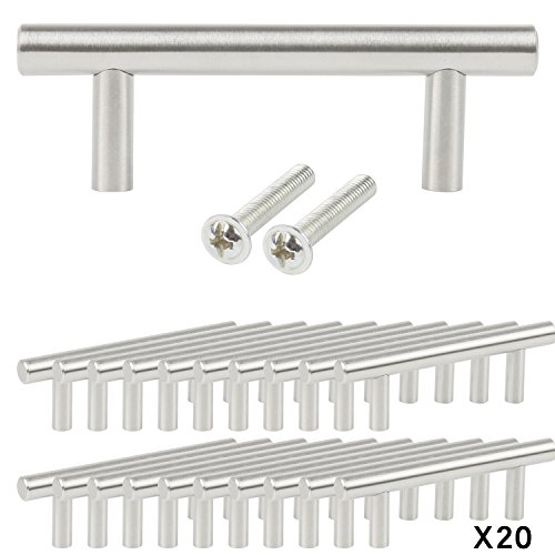 TRIXES Paquete de 20 Manijas en Forma de T en Acero Inoxidable para Cajones Puertas de Gabinete 100 mm de ancho; Centros 64mm