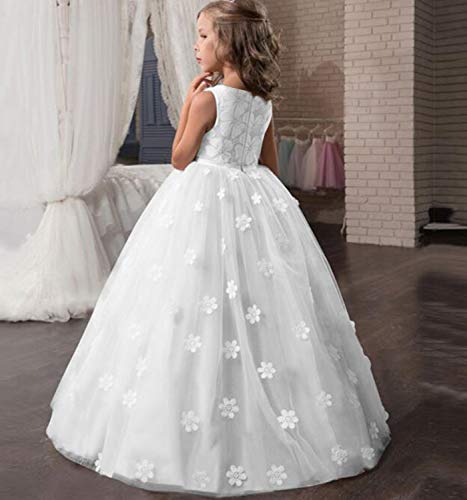 TTYAOVO Chicas Muestran Princesa Vestido de Flores para niños Baile hinchado Bola Vestidos de Tul Tamaño 12-13 años Blanco