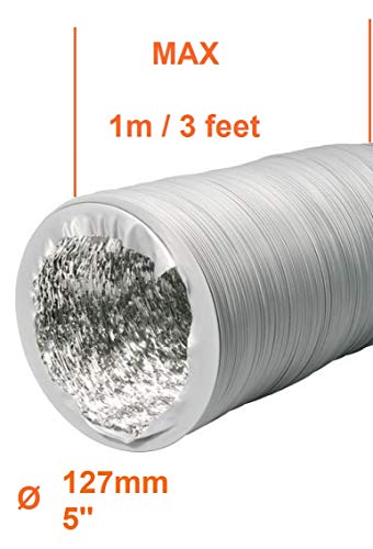 Tubo de salida de aire (125 mm de diámetro, 1 m, con aislamiento de aluminio, para secadora, aire acondicionado, campana extractora, tubo flexible combinado de aluminio y PVC), color blanco