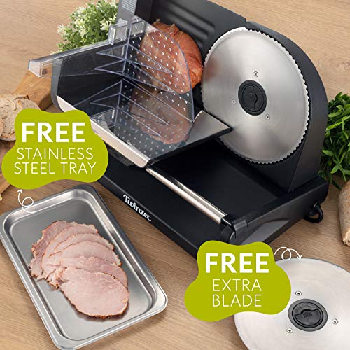 Twinzee Cortafiambres Electrico - Grosor Ajustable de 0 a 15mm - 2 Cuchillas Incluidas - Cortadora de Fiambre, Cortador de Pan, Corte Jamon - Cortador de Verduras Electrico - Carne, Queso, Embutido