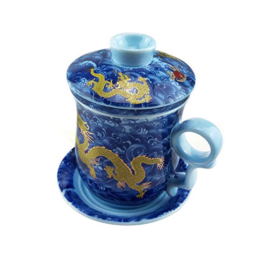 ufengke Jing Dezhen Taza De Té De Porcelana Azul Y Blanca, Conjunto De 4 Piezas Patrón De Golden Dragon, Taza De Té China Con Filtro, Para Regalo, La Familia Y La Oficina - Azul 300 Ml