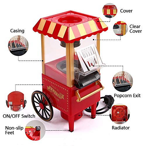 UFLIZOGH Máquina de Palomitas Mini de Maíz Retro de Aire Caliente con Carro 1200W Máquina Palomitero Carrito para Todas Las Familias
