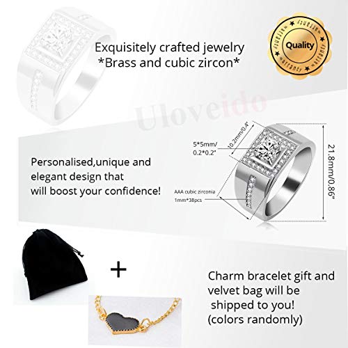 Uloveido Lab creó la Banda de Compromiso de Diamantes Anillo de Bodas Cuadrado para Hombres CZ Crystal Anillos de Aniversario para Hombres Chapado en Oro Blanco (Platino, Talla 19) KR201