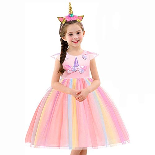 URAQT Disfraz de Princesa, Traje del Vestido Traje de Princesa de la Nieve Vestido Infantil Disfraz de Princesa de Niñas para Frozen Themed Fiesta Cumpleaños Navidad Halloween Arcoiris 110 cm