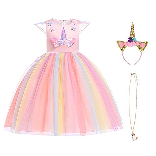 URAQT Disfraz de Princesa, Traje del Vestido Traje de Princesa de la Nieve Vestido Infantil Disfraz de Princesa de Niñas para Frozen Themed Fiesta Cumpleaños Navidad Halloween Arcoiris 110 cm