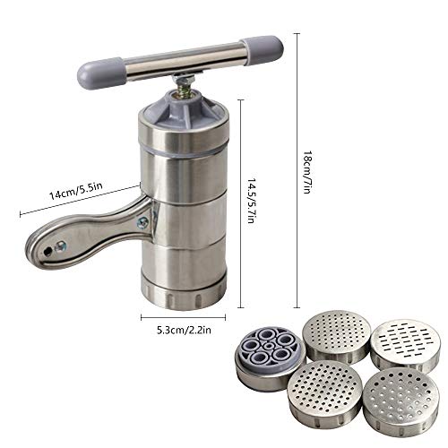 Utensilio de acero inoxidable para hacer fideos, pasta, vegetales y prensar fruta (1 dispositivo para la cocina y 5 moldes)