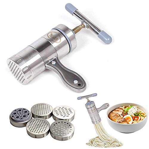 Utensilio de acero inoxidable para hacer fideos, pasta, vegetales y prensar fruta (1 dispositivo para la cocina y 5 moldes)