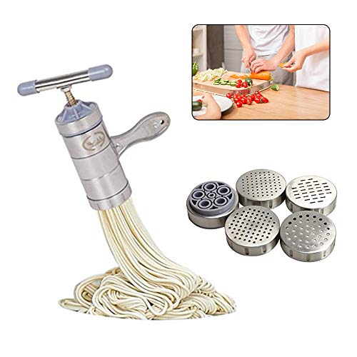 Utensilio de acero inoxidable para hacer fideos, pasta, vegetales y prensar fruta (1 dispositivo para la cocina y 5 moldes)