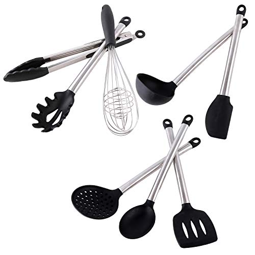 Utensilios Cocina Silicona, Bi-Komfort 8 Pcs Cocina Accesorios; Incluyen Pinzas Cocina, Tenedor Pasta, Batidor, Turner Ranurado, Cuchara para Servir, Cucharón Sopa, Colador y Espátula Flexible