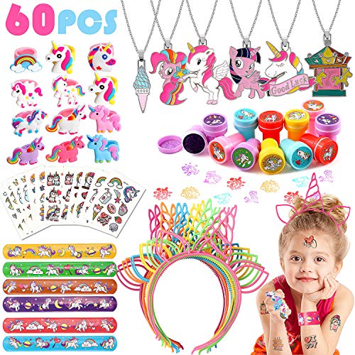 vamei 60 Piezas Aarticulos de Fiesta Niño Unicornio Piñatas de Cumpleaños Diademas Unicornio Pulseras de Juguete Tatuajes Temporales Niños Anillo Niñas Regalos Cumpleaños