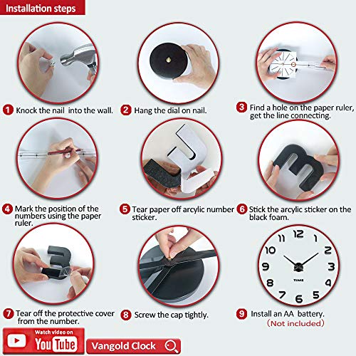 VANGOLD DIY Reloj de Pared sin Marco Espejo Grande 3D Sticker-2 años de garantía (Negro-73)