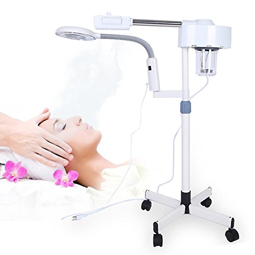 Vaporizador facial profesional de pie, máquina de humedad facial con ruedas con luz LED y aumento de 3 veces para uso en salón de spa y belleza