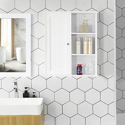 VASAGLE Armario de Pared Armario suspendido Armario Colgante Armario de baño Botiquín Armario Lateral 1 Puerta y estantes Balda Ajustable sin Espejo Blanco 60 x 18 x 71 cm BBC20WT