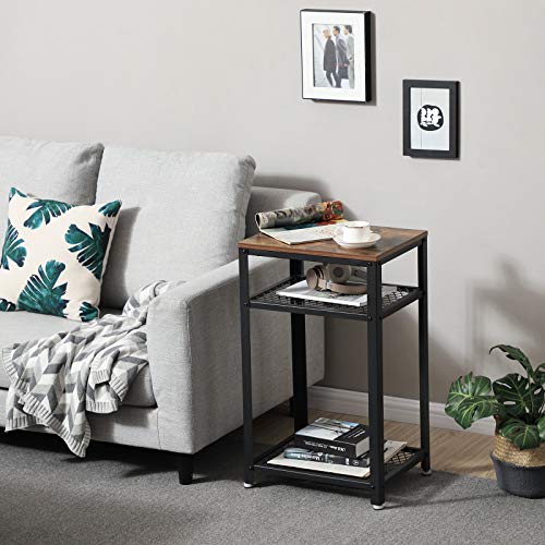 VASAGLE Mesa Auxiliar de Estilo Industrial, Mesita de Noche, Mesa para Telefono, con 2 Estantes de Malla, para salón y Oficina, Marco Métalico Estable, Aspecto de Madera LET75BX