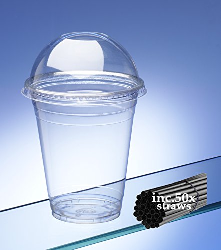 Vasos de batido con campana de cristal Tapas y Pajitas. Capacidad 340/340 ml (50 unidades). Ideal para bebidas con hielo, zumos, cafés y batidos.