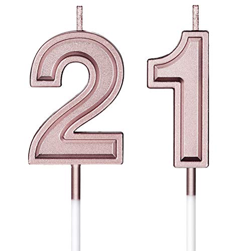 Velas de Cumpleaños 21 Velas de Numeros de Pastel Topper Decoración de Pastel de Feliz Cumpleaños para Cumpleaños Boda Aniversario Celebración, Oro Rosa