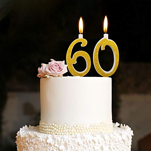 Velas Maxi 60 años para tarta fiesta cumpleaños 60 años | Decoraciones Velas de felicitación aniversario tarta 60 | Fiesta temática | Altura 13 cm dorado brillante