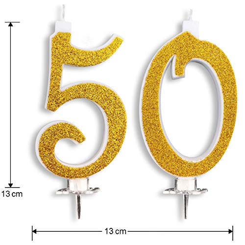 Velas Maxi de 50 años para Tarta, Fiesta, cumpleaños, Boda, 50 años, decoración, Velas de cumpleaños, Tarta 50, Fiesta temática, Altura 13 cm, Oro Brillante
