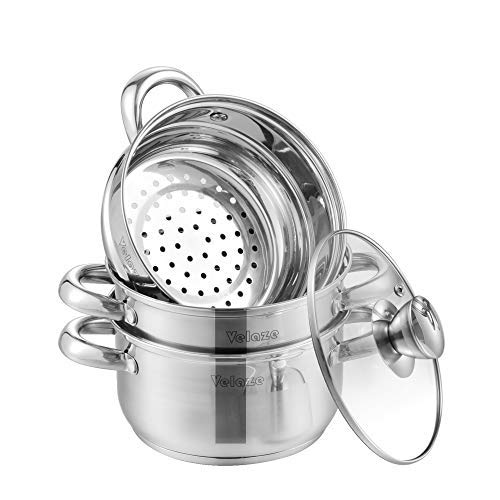 Velaze Juego de Ollas, Ollas de Cocina de Acero Inoxidable, Batería de Utensilios de Cocina con Tapa de Vidrio, Cacerolas de Segura y Ahorra Energía(14 Piezas)
