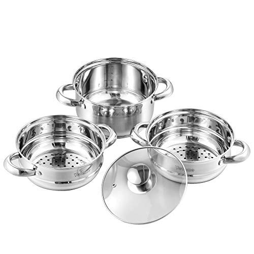 Velaze Juego de Ollas, Ollas de Cocina de Acero Inoxidable, Batería de Utensilios de Cocina con Tapa de Vidrio, Cacerolas de Segura y Ahorra Energía(14 Piezas)