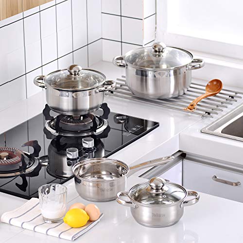 Velaze Juegos de Ollas, Baterías 7 Pzs Utensilio de Cocina, Serie Dylan Cazuelas Acero Inoxidable 18/10, Olla Antiadherente con Tapa Vidrio, Apto Cocina Inducción, Gas, Fuego y Horno - Color Plata