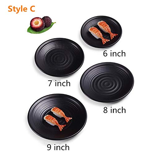 Venta caliente Plato de melamina Plato Negro redondo Sushi Espagueti Filete Ensalada Contenedor Olla caliente Tienda Cocina japonesa Barbacoa Cocina 1 PC, Estilo C, 8 pulgadas