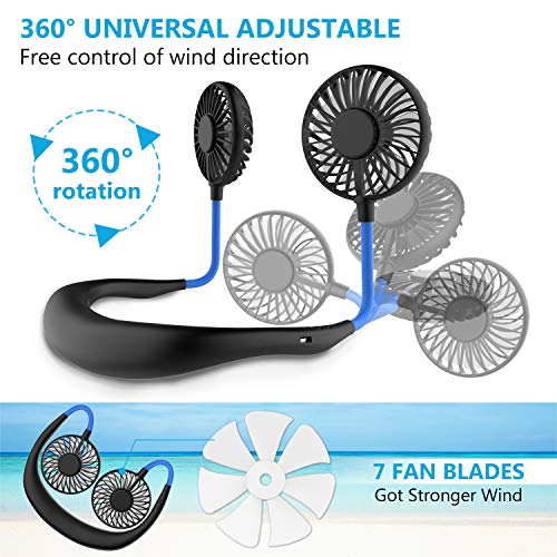 Ventilador Personal Portátil, Mini Ventilador de Manos Libres Mini Ventilador USB Recargable Ventilador de Banda para el Cuello, Ventilador de Refrigeración con Doble Cabeza de Viento (Azul Negro)