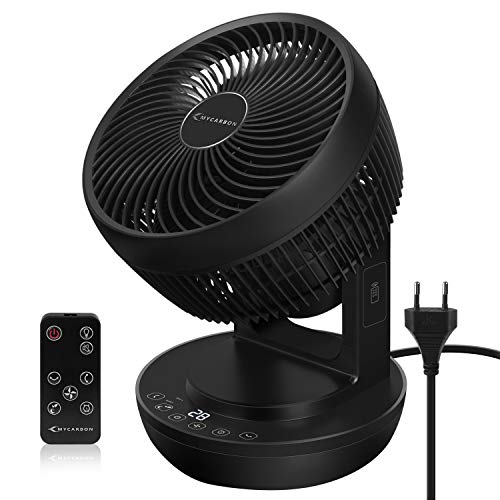 Ventilador Silencioso MYCARBON Ventilador de Mesa con Control Remoto 360° Ventilador de Escritorio con 4 Velocidades Circulación del Aire para 4 Estacionas Portátil Temporizador y Secadora de Ropa