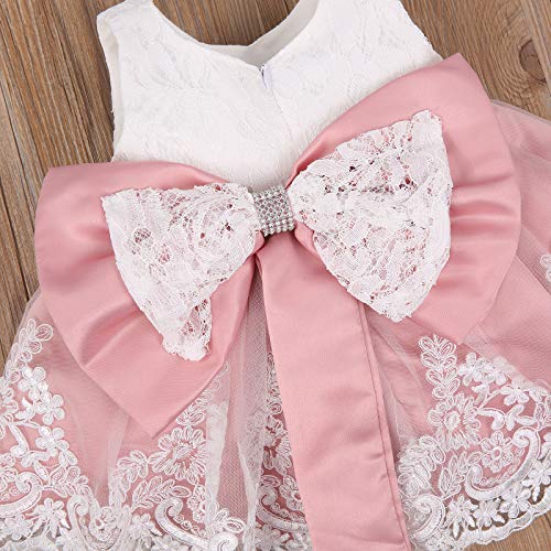 Vestido de Bautizo + Diadema Recién Nacido Bebés sin Mangas Verano Transpirable Traje de Ceremonia Boda para Niñas Vestido de Princesa Elegante con Lazos Cumpleaños （Rosa Viejo 0-3M）