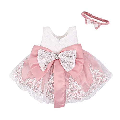 Vestido de Bautizo + Diadema Recién Nacido Bebés sin Mangas Verano Transpirable Traje de Ceremonia Boda para Niñas Vestido de Princesa Elegante con Lazos Cumpleaños （Rosa Viejo 0-3M）