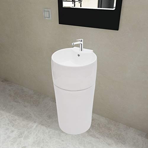 vidaXL Lavabo de Pie Redondo Agujero Grifo Desagüe Cerámica Blanco Lavamanos