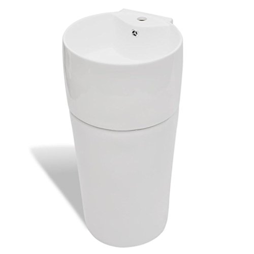 vidaXL Lavabo de Pie Redondo Agujero Grifo Desagüe Cerámica Blanco Lavamanos