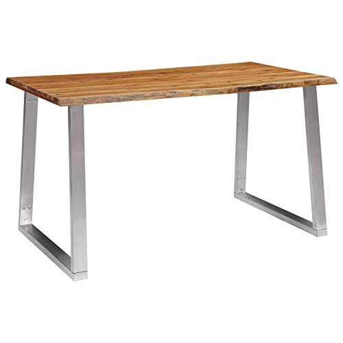 vidaXL Mesa de Comedor Madera de Acacia y Acero Inoxidable Casa Hogar Sala Cocina Decoración Bricolaje Diseño Estilo Muebles Mobiliario 140x80x75 cm