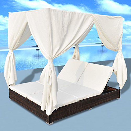 vidaXL Tumbona con Toldo y Cortinas Ratán PE Marrón y Blanca Cama de Jardín
