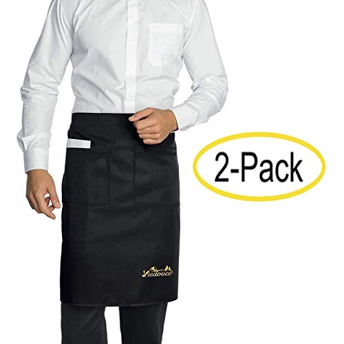 Viedouce 2 Paquetes Delantales,Cintura Corta Delantal Impermeable con 2 Bolsillos para Restaurante Chef Camarero Bartender Mitad,Delantale de Cocina para Hombres Mujeres (Negro)