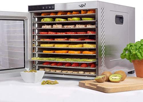 VITA5 Deshidratador Alimentos Acero Inoxidable • Temporizador 24 Horas • Temperatura: 35 a 75ºC + Extra: 1x Malla Fina y 1x Bandeja Antigoteo Nobel Pro (10 Bandejas)