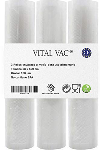 VITAL VAC 3 Rollos 28x500 cm de Bolsa Gofrada para Envasadora al Vacío Doméstica: Silvercrest, Jata, Cecotec…