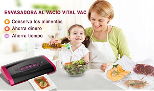 VITAL VAC Envasadora al Vacío Doméstica 5 Funciones 150W, Compartimento para Rollo, Cortador Incorporado, Muy Silenciosa, Presión de Vacío -0,85 Bar, Incuye 1 Rollo 28cm x 300cm Gratis
