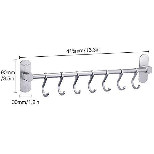 Wangel Adhesivo 7 Gancho Barra Soportes y Organizadores para Utensilios de Cocina, Pegamento Patentado + Autoadhesivo, Aluminio, Acabado Mate, 40CM