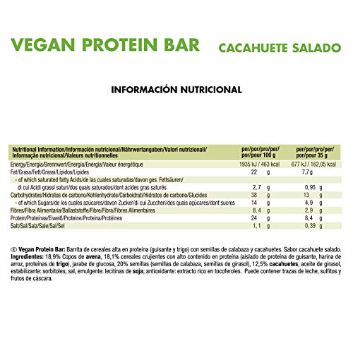 Weider Vegan Protein Bar. Sabor Cacahuete Salado. Mezcla de proteína vegetal, cereales y semillas. Sin gluten. Sin lactosa. Sin aceite de palma (3x35 g)