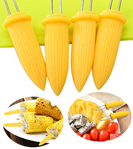Wenxiaw Maiz Accesorios Barbacoa Tenedor de Fruta Pinchos para Mazorcas de Maíz Apto para Caliente Perro Tenedores de Carne Cocina Barbacoa Accesorios Cocina Fiesta, Amarillo (30 Unidades)