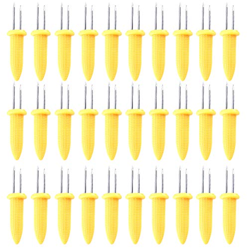 Wenxiaw Maiz Accesorios Barbacoa Tenedor de Fruta Pinchos para Mazorcas de Maíz Apto para Caliente Perro Tenedores de Carne Cocina Barbacoa Accesorios Cocina Fiesta, Amarillo (30 Unidades)
