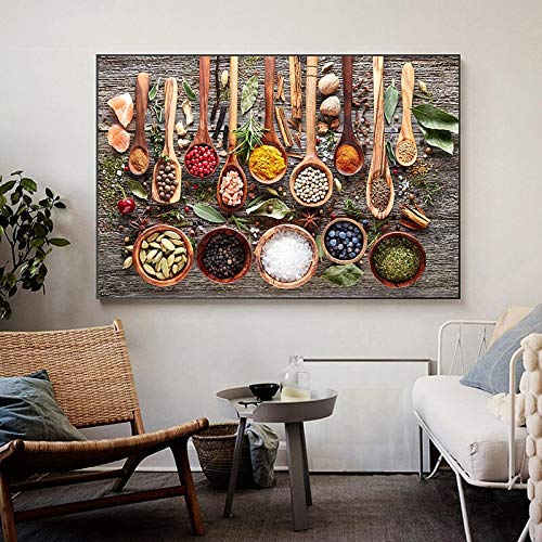 Wfmhra Peppercorn Cocina Lienzo Pintura Especias Cuchara Imagen Cartel escandinavo e impresión Arte de Pared Sala de Estar 50x75cm sin Marco