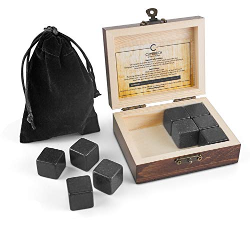 Whisky Stones Piedras para el Whisky, Set de regalo de 9 cubos de hielo de granito para enfriar su whisky, vino y otras bebidas; Caja de madera + Bolsa de terciopelo