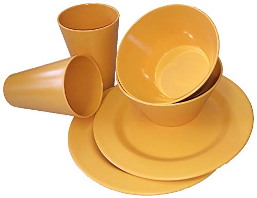 Wildfox - Vajilla de picnic de 6 piezas para interior y exterior de bambú, vajilla de camping para 2 personas, 2 platos, 2 vasos, 2 cuencos, Color amarillo melón.