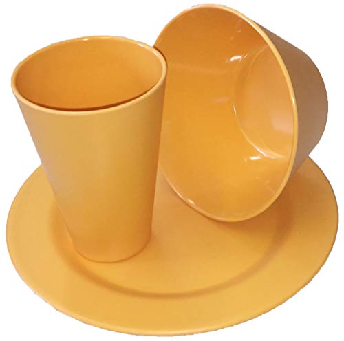 Wildfox - Vajilla de picnic de 6 piezas para interior y exterior de bambú, vajilla de camping para 2 personas, 2 platos, 2 vasos, 2 cuencos, Color amarillo melón.