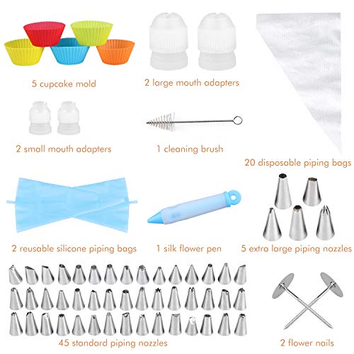 WisFox 85 pcs Boquillas Manga Pastelera Decoración Incluir 50 boquillas de Tubo, 22 Bolsas de Tubo,5 Moule à Cake,adaptadores de 4 Puertos,2 Clavos de Flores,1 Cepillo,1 bolígrafo de Esmalte