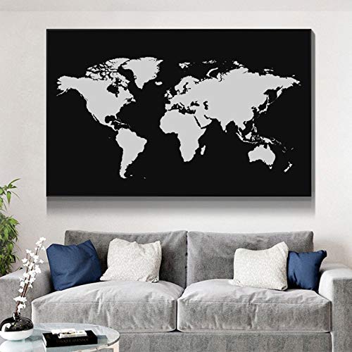 wojinbao Arte Moderno de Pared de lonaMapa del Mundo Abstracto en Blanco y Negro sobre Lienzo Mapa Moderno Cartel e impresión Imagen de Pared para Sala Cuadros