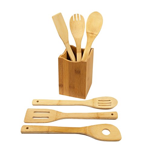 woodluv Juego de 6 Utensilios de Cocina de bambú con Soporte, marrón